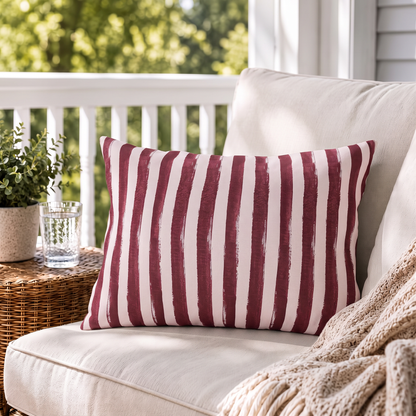 Hand-painted wine red and blush pink stripe outdoor lumbar pillow