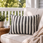Hand-painted black and cream stripe outdoor lumbar pillow