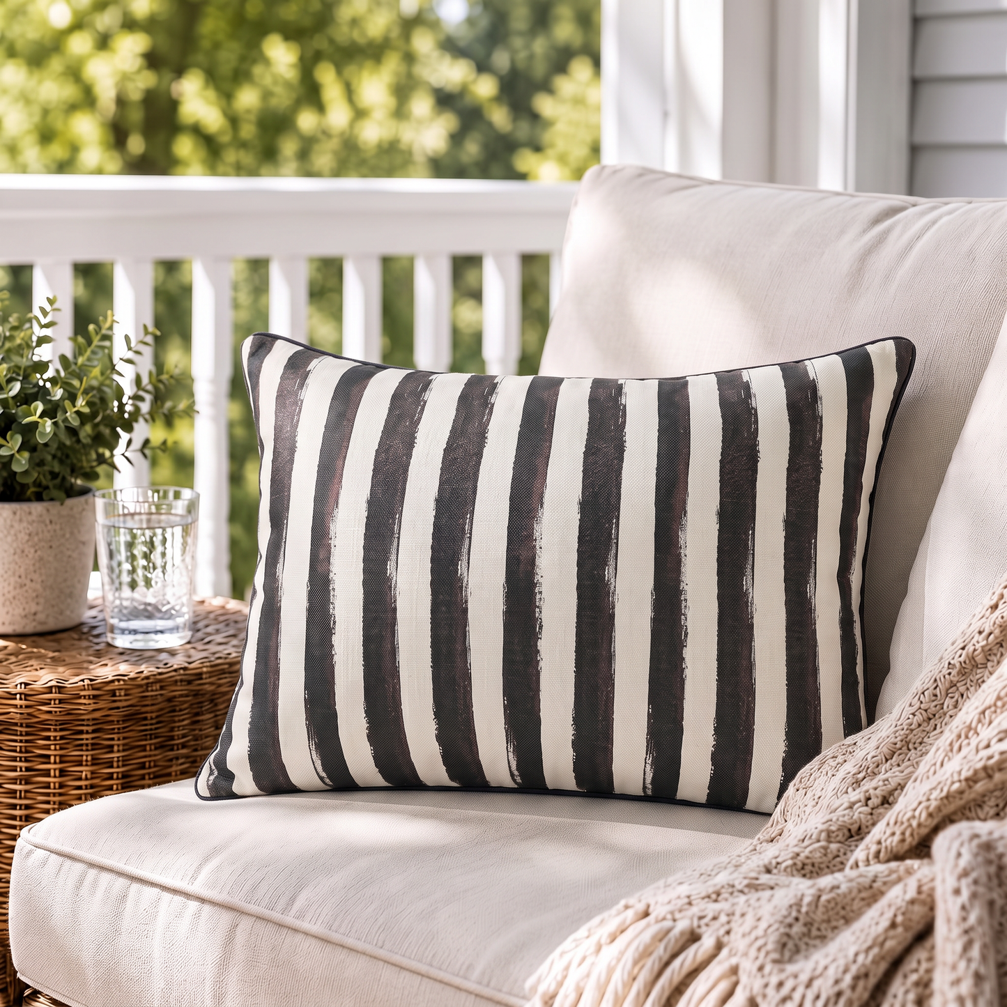 Hand-painted black and cream stripe outdoor lumbar pillow