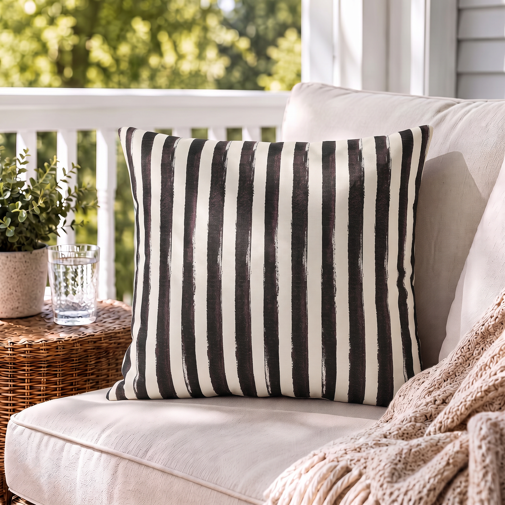 Hand-painted black and cream vertical stripe outdoor pillow