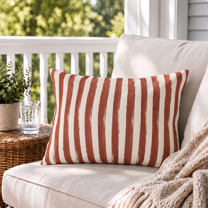 Hand-painted clay red and cream stripe outdoor lumbar pillow