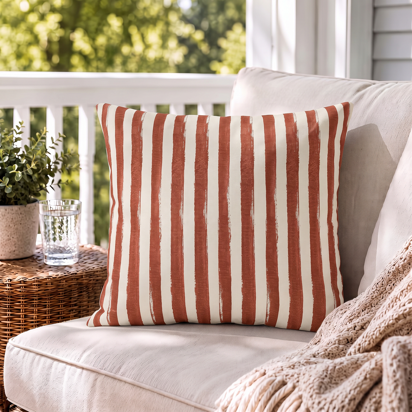 Hand-painted clay red and cream vertical stripe outdoor pillow