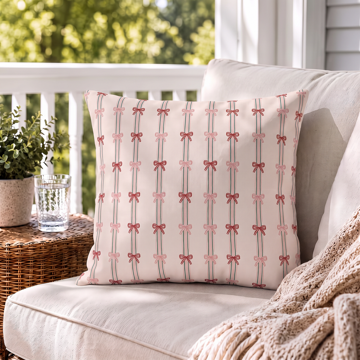Pink and red ribbon bows on striped blush outdoor pillow