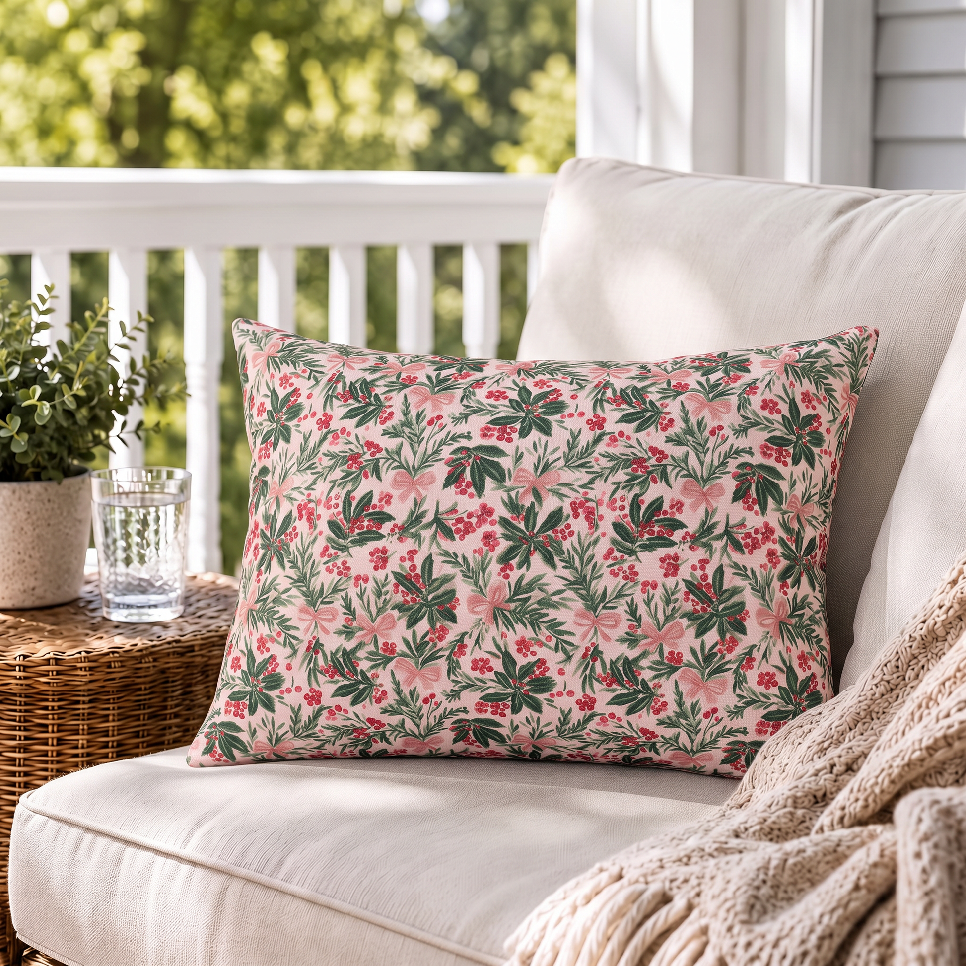 Holly, pine, red berries and pink bows on blush outdoor lumbar pillow