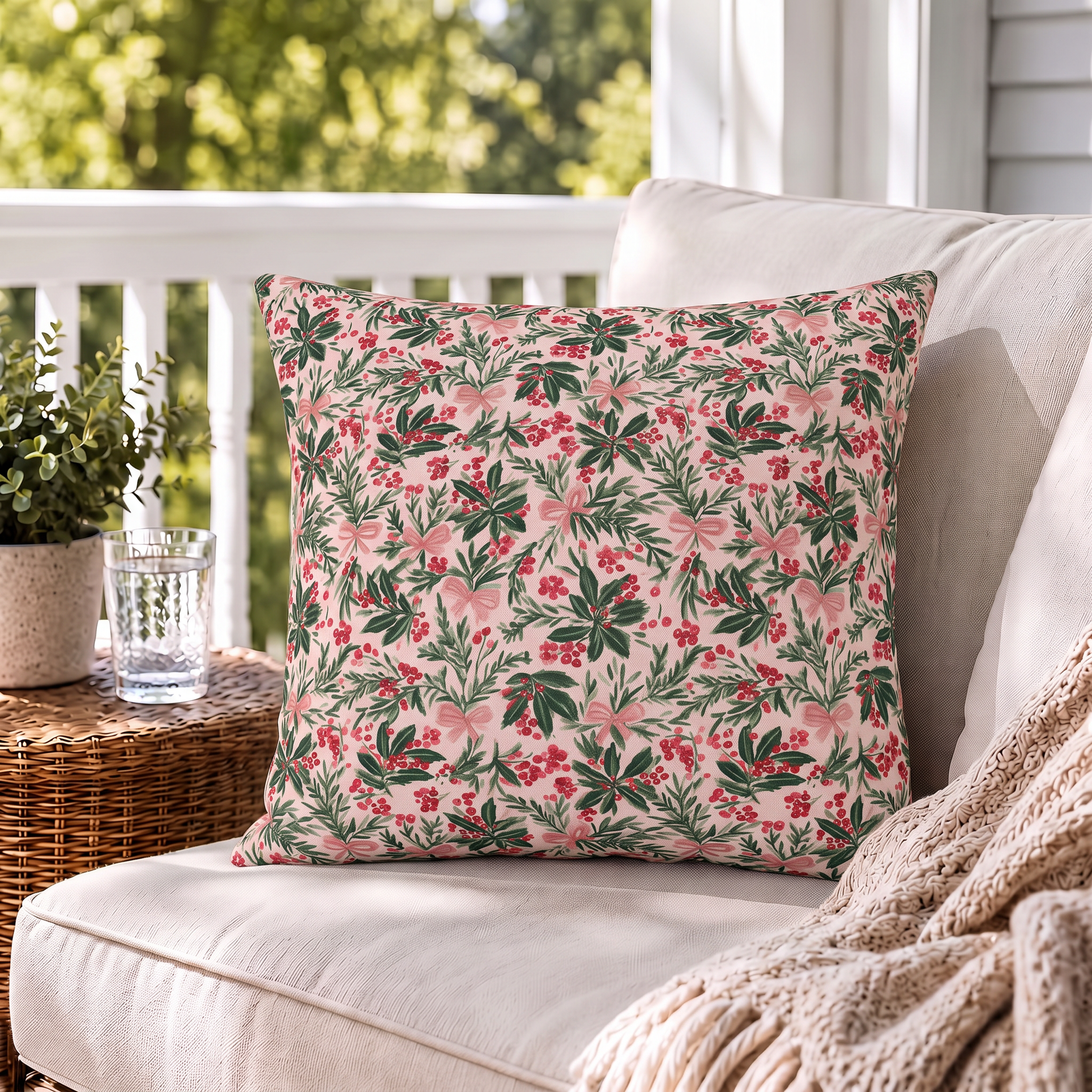 Holly, pine, red berries and pink bows on blush outdoor pillow