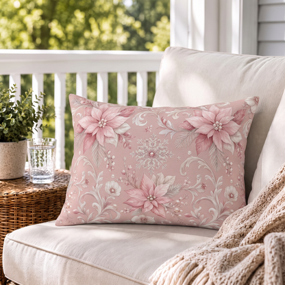 Pink poinsettias, snowflakes and pearls on dusty rose outdoor lumbar pillow