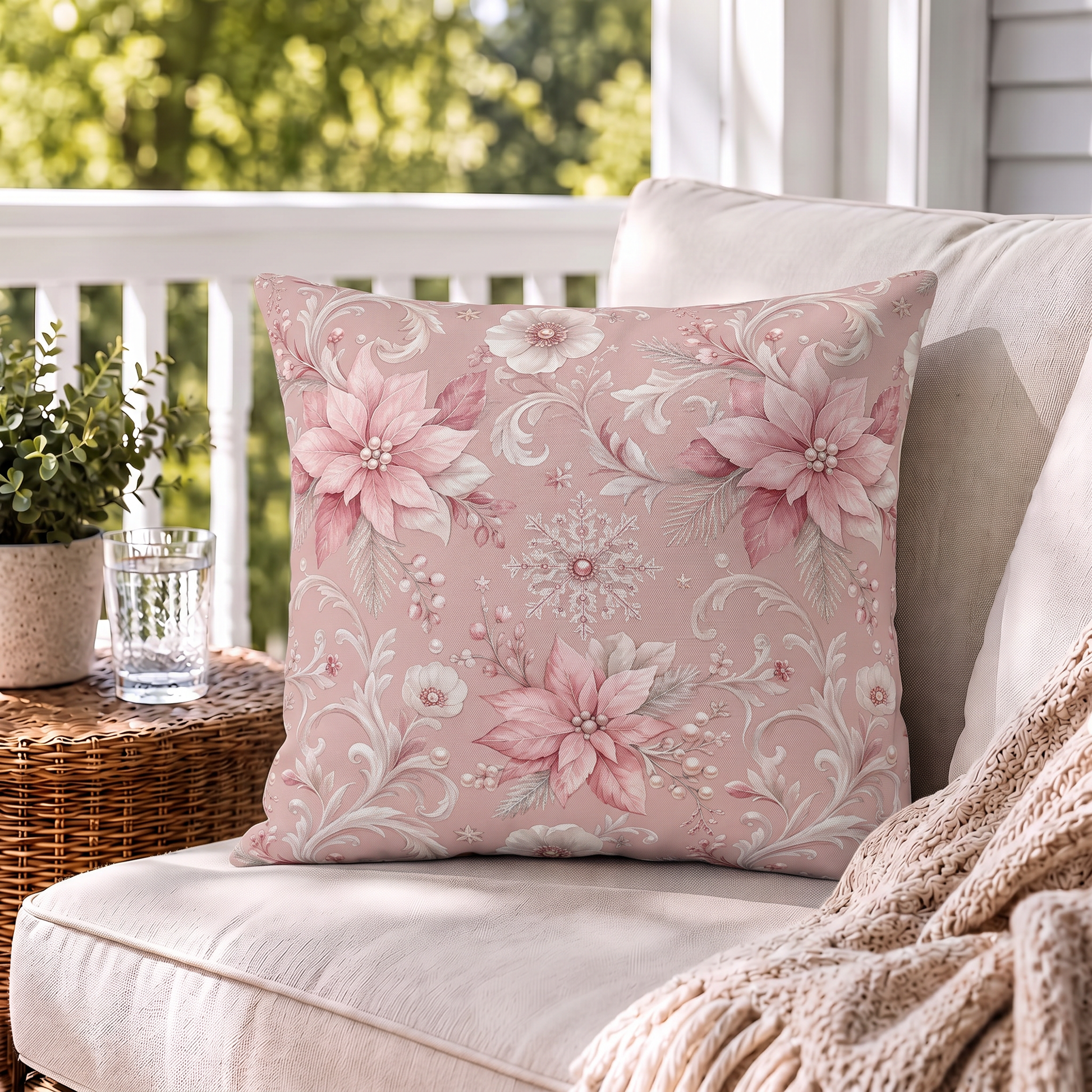Pink poinsettias, snowflakes and pearls on dusty rose outdoor pillow