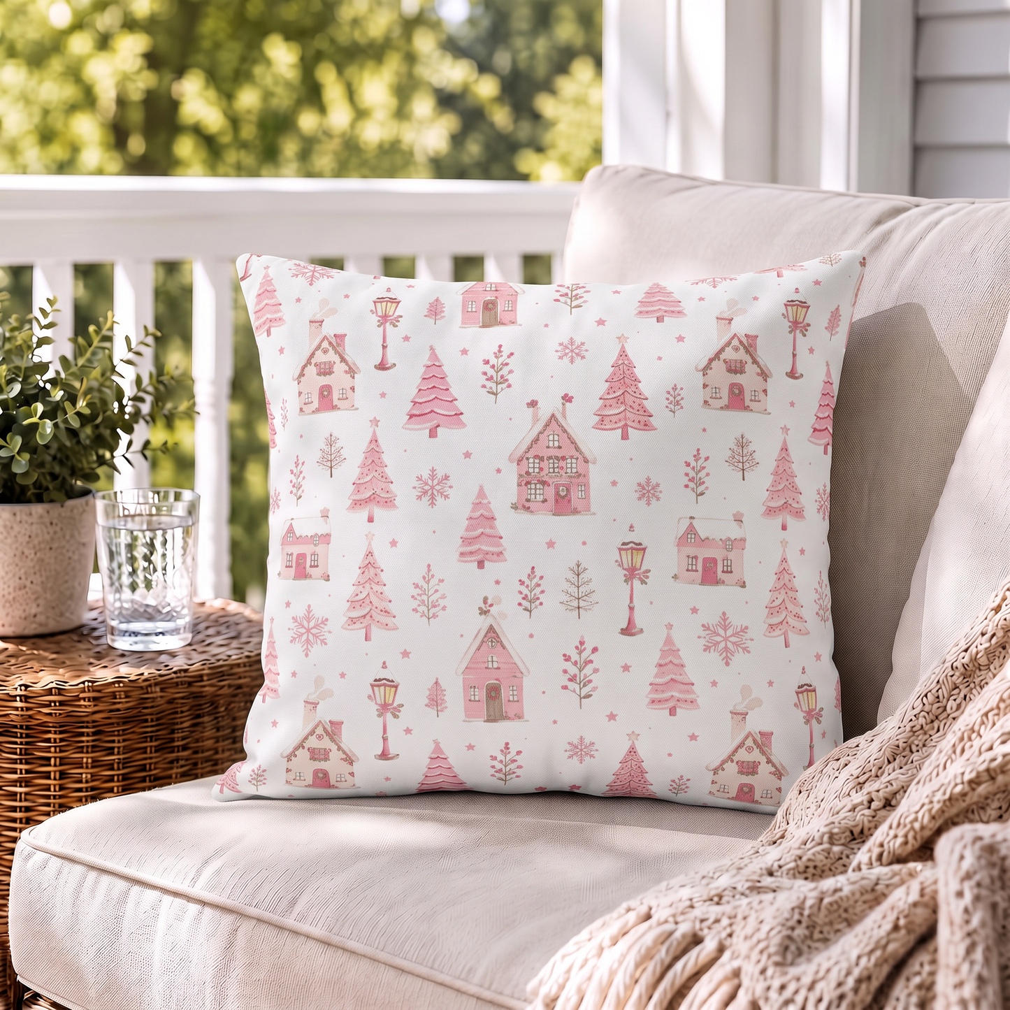 Pink gingerbread houses, trees and lampposts on white outdoor pillow