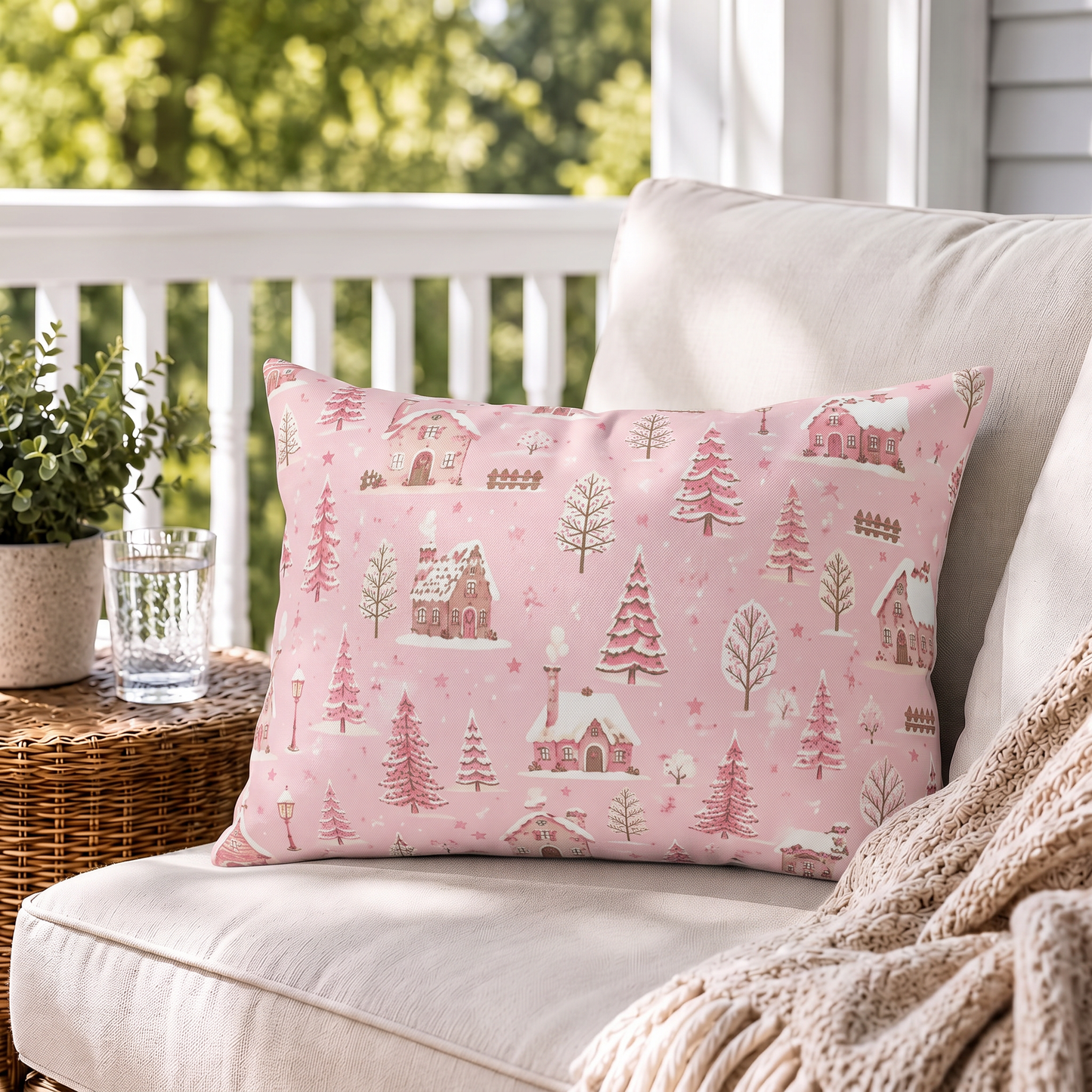 Snow-covered pink cottages and fir trees on pink outdoor lumbar pillow