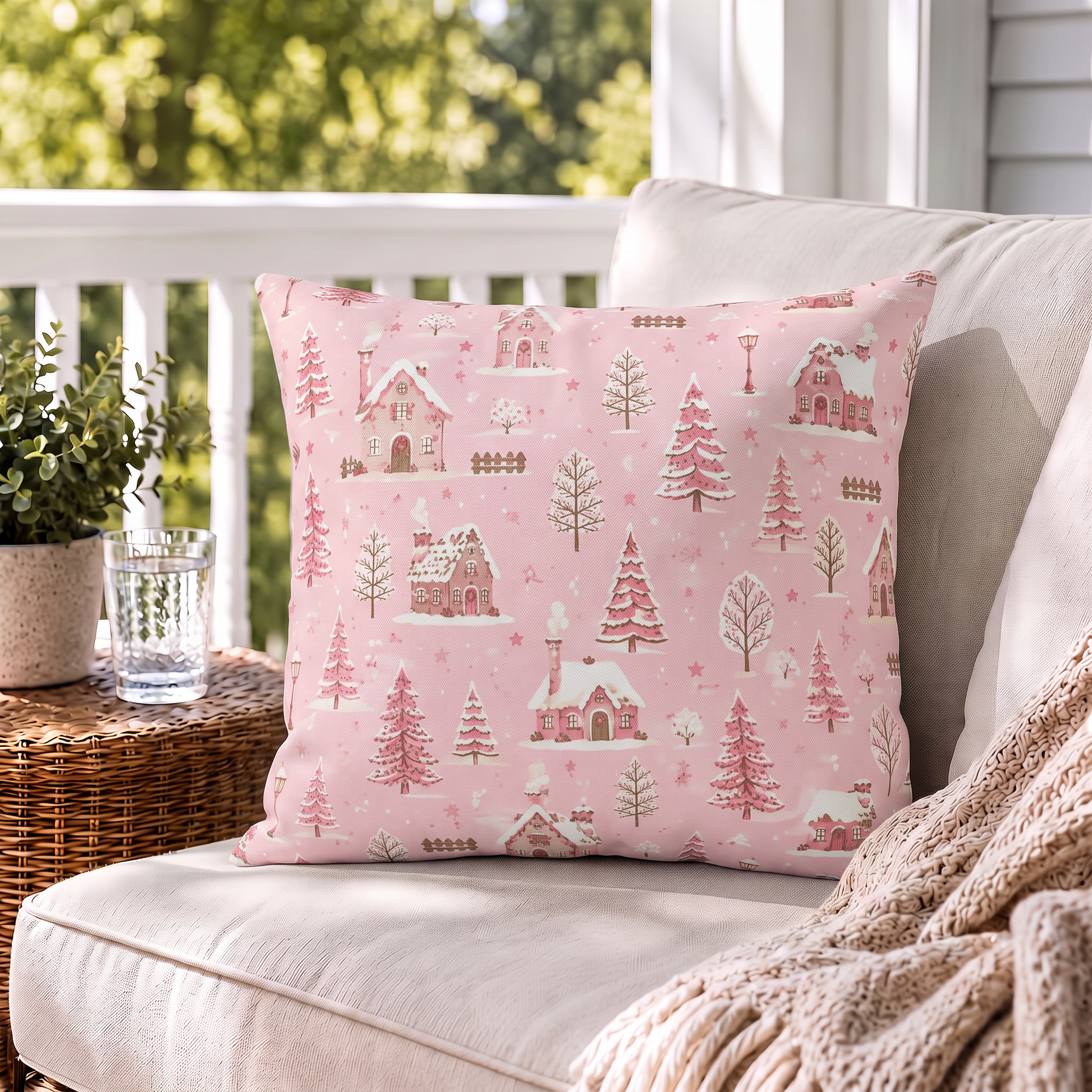 Snow-covered pink cottages and fir trees on pink outdoor pillow