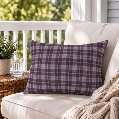 Burgundy and lavender grey tartan plaid outdoor lumbar pillow