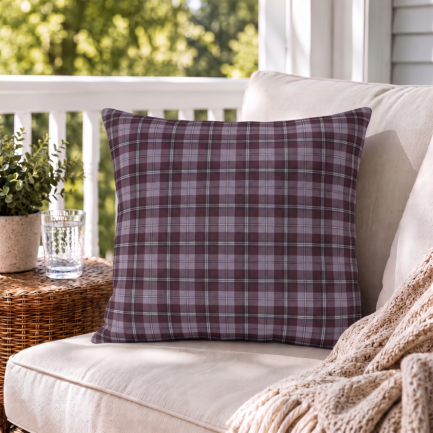 Burgundy and lavender grey tartan plaid outdoor pillow