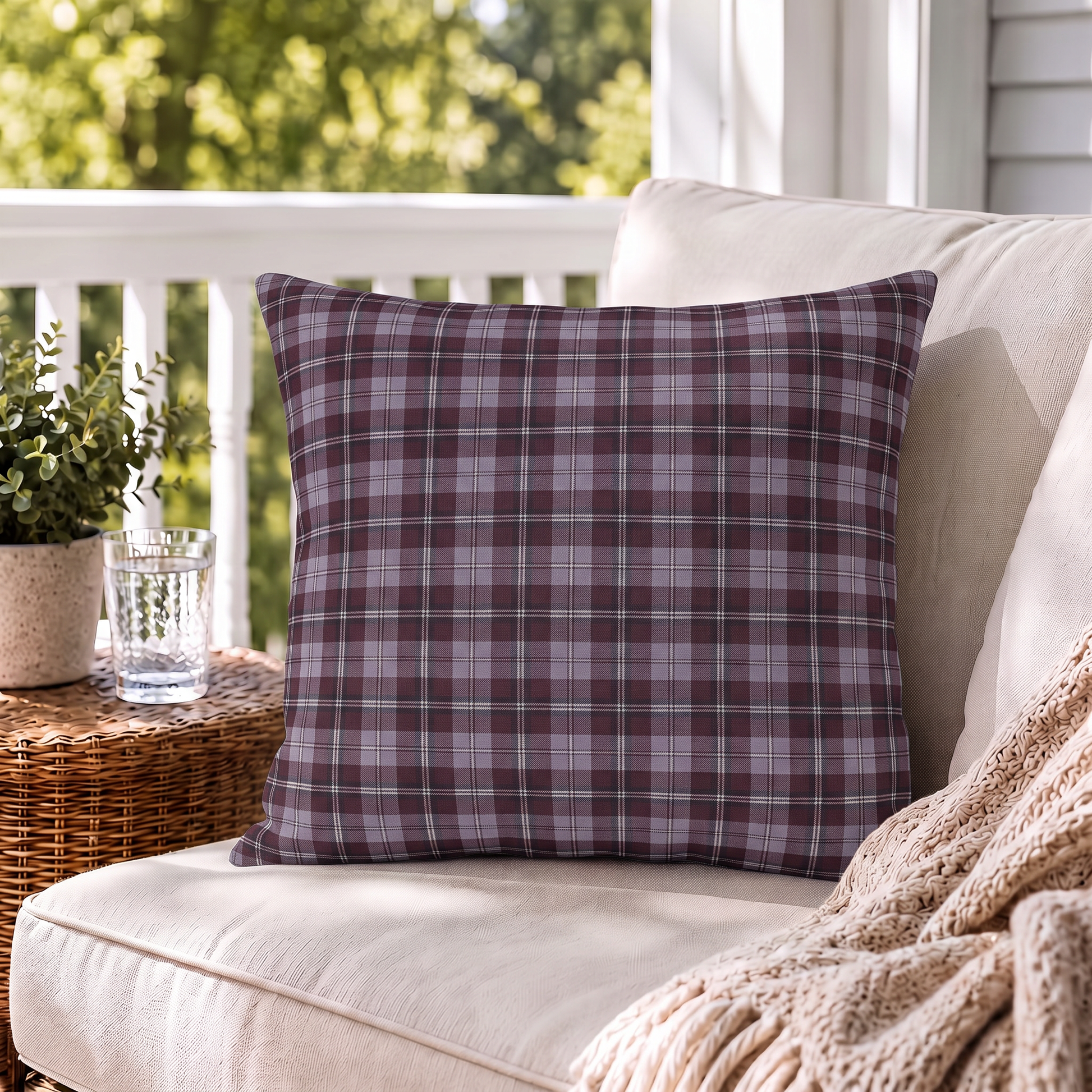 Burgundy and lavender grey tartan plaid outdoor pillow