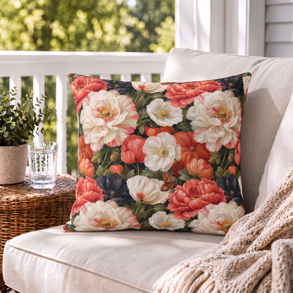 Coral red poppies, cream peonies and small pumpkins on near-black outdoor pillow