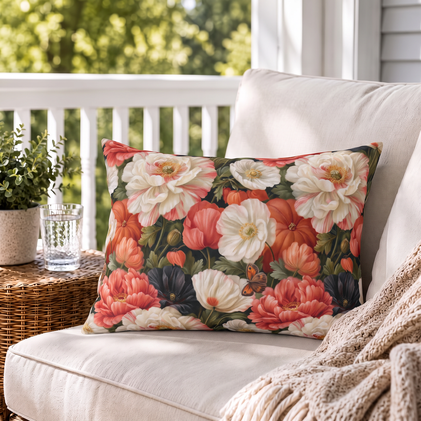 Coral red poppies, cream peonies and small pumpkins on near-black outdoor lumbar pillow