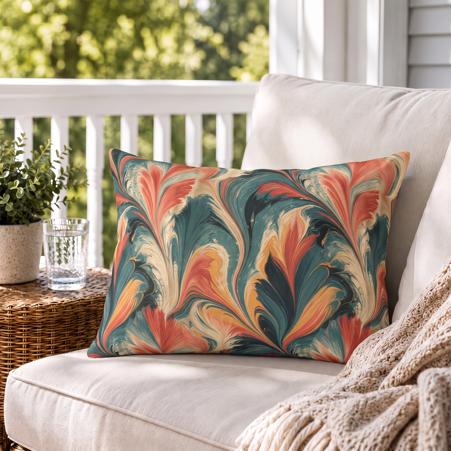 Coral, teal and ochre marbled swirl outdoor lumbar pillow