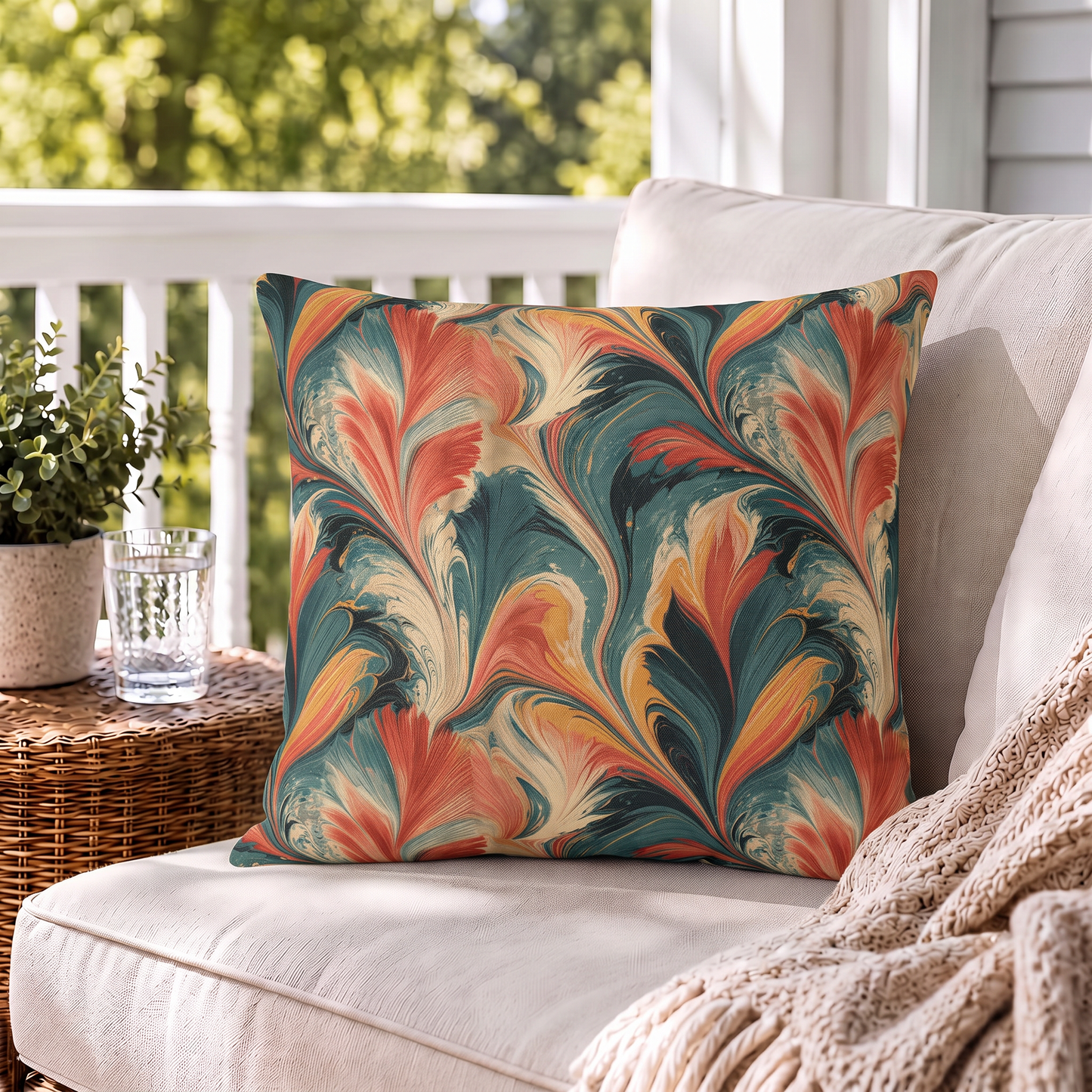 Coral, teal and ochre marbled swirl outdoor pillow