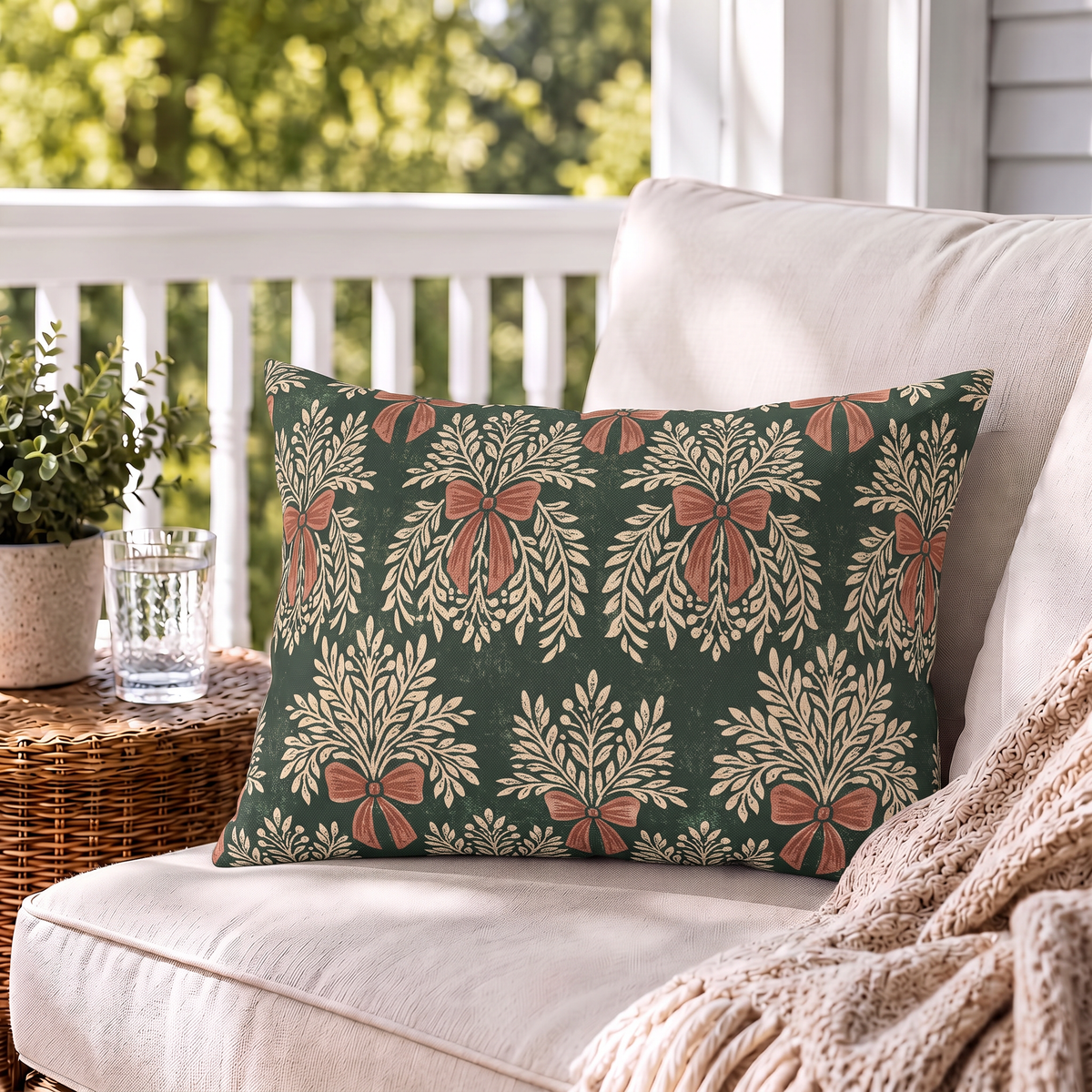 Forest green outdoor lumbar pillow with cream garland sprays and clay bows, second view