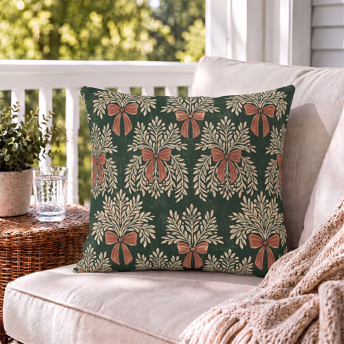 Forest green outdoor pillow with cream garland sprays and clay bows, second view