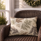 Cream outdoor lumbar pillow with scattered brown and olive cedar sprigs, second view