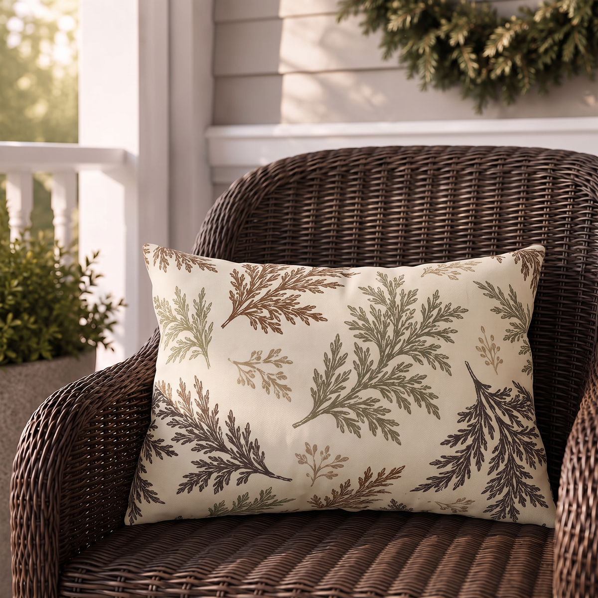 Cream outdoor lumbar pillow with scattered brown and olive cedar sprigs, second view