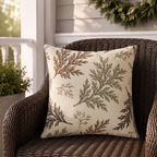 Cream outdoor pillow with scattered brown and olive cedar sprigs, second view