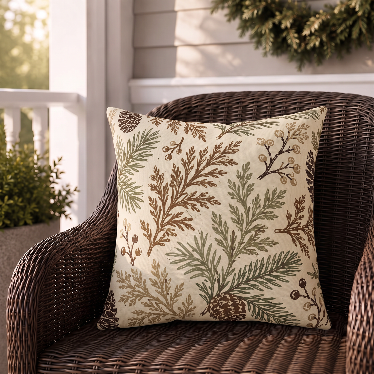 Cream outdoor pillow with sage and brown evergreen branches and pinecones, second view