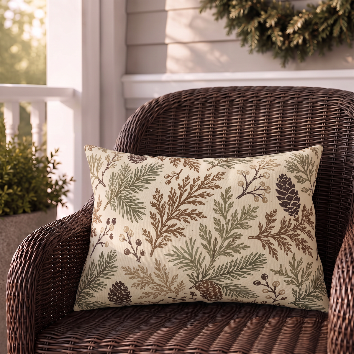 Cream outdoor lumbar pillow with sage and brown evergreen branches and pinecones, second view