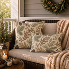 Cedar fronds, spruce needles, pinecones and berry sprigs in sage and brown on cream