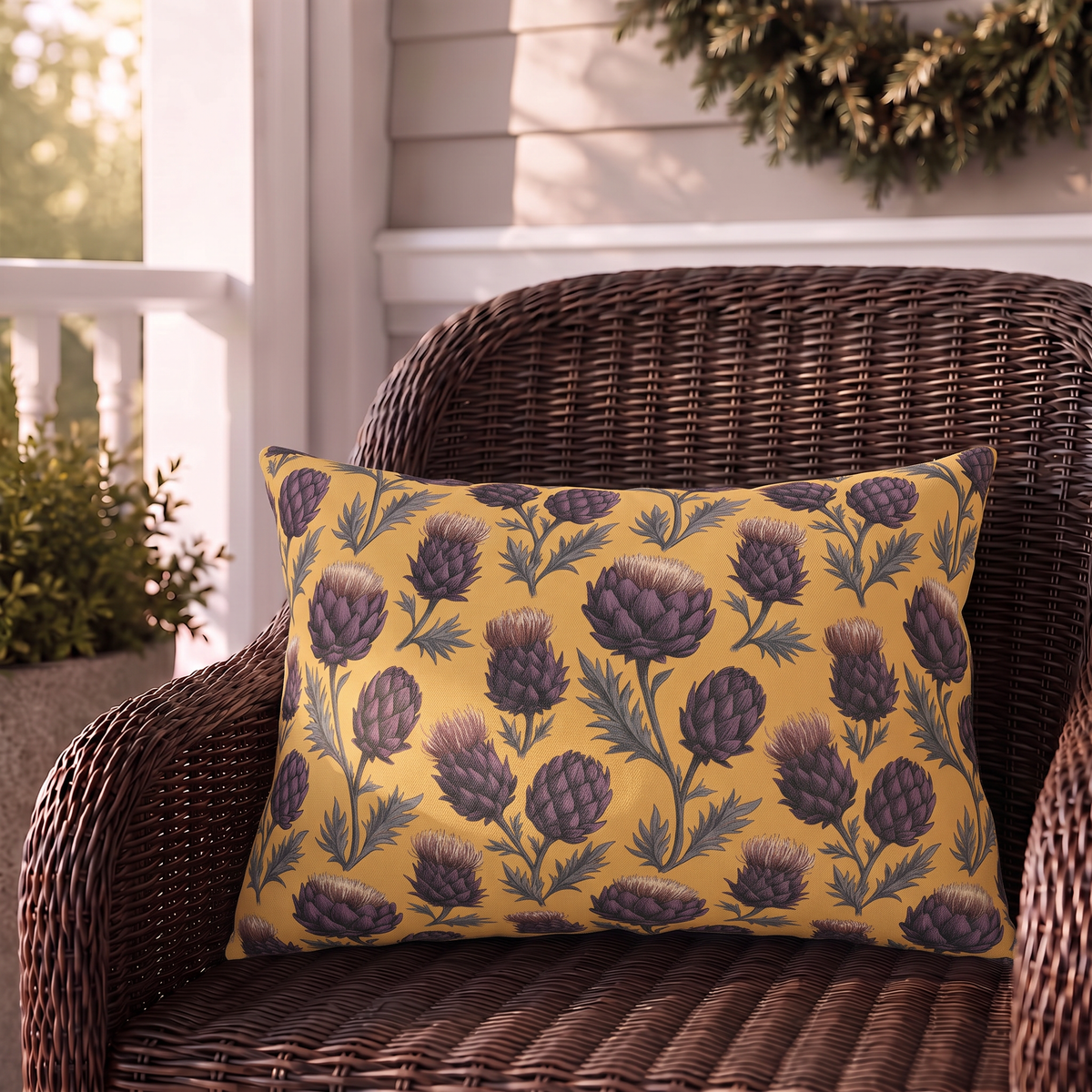 Vintage Thistle Ochre Outdoor Lumbar Pillow