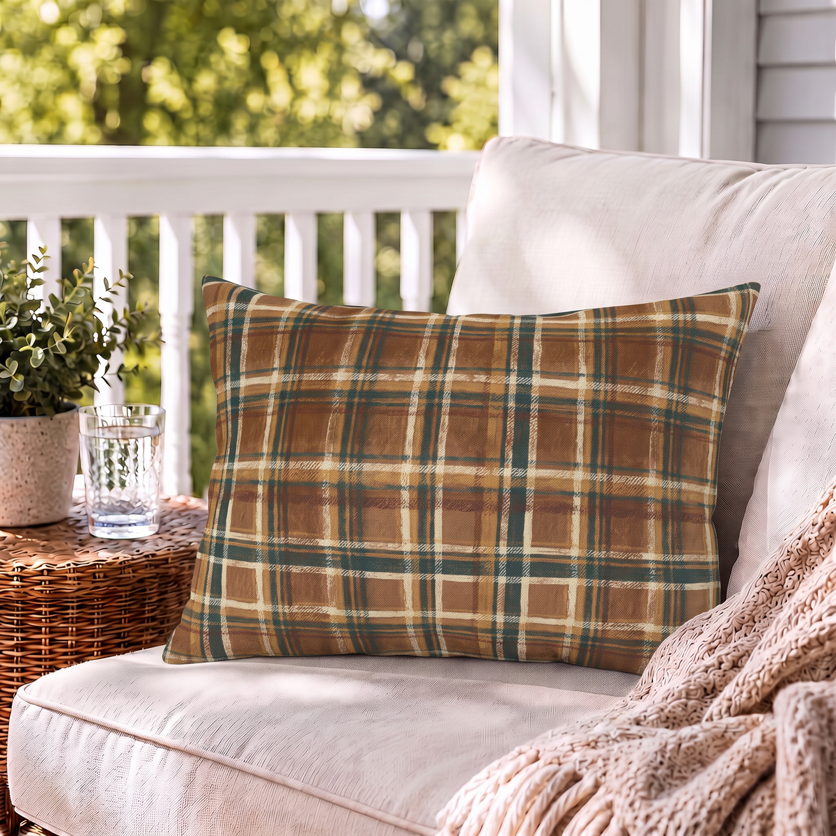 Rustic Plaid Brown Outdoor Lumbar Pillow