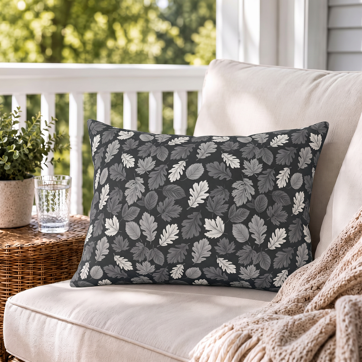 Woodland Leaf Charcoal Outdoor Lumbar Pillow