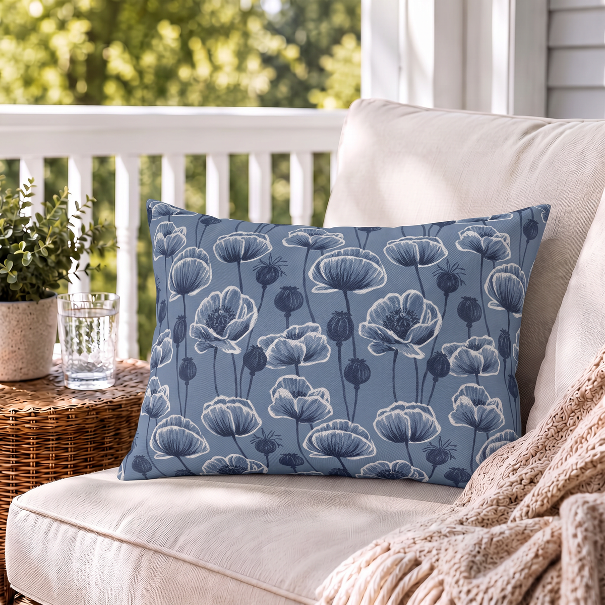 Poppy Field Blue Outdoor Lumbar Pillow