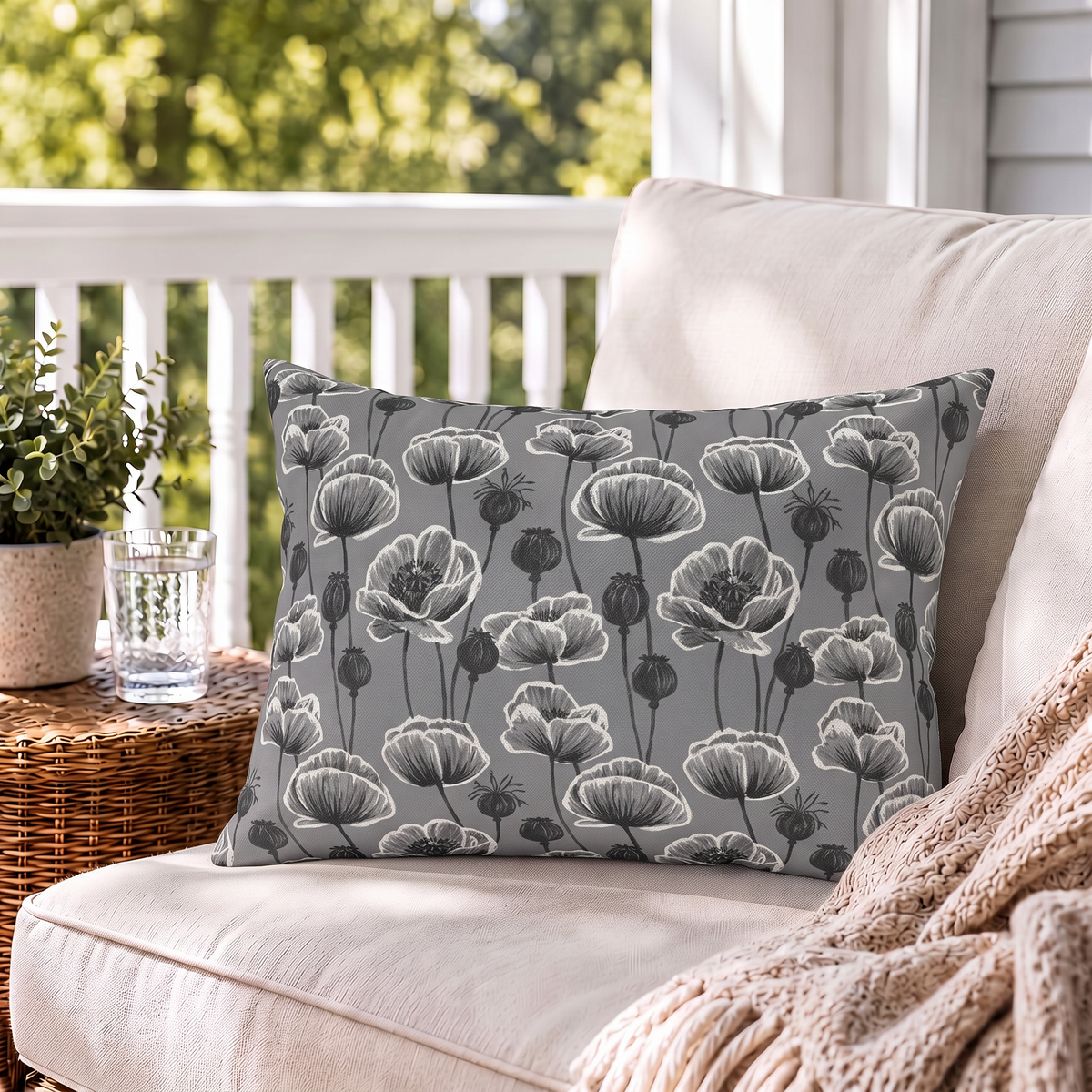 Poppy Field Grey Outdoor Lumbar Pillow
