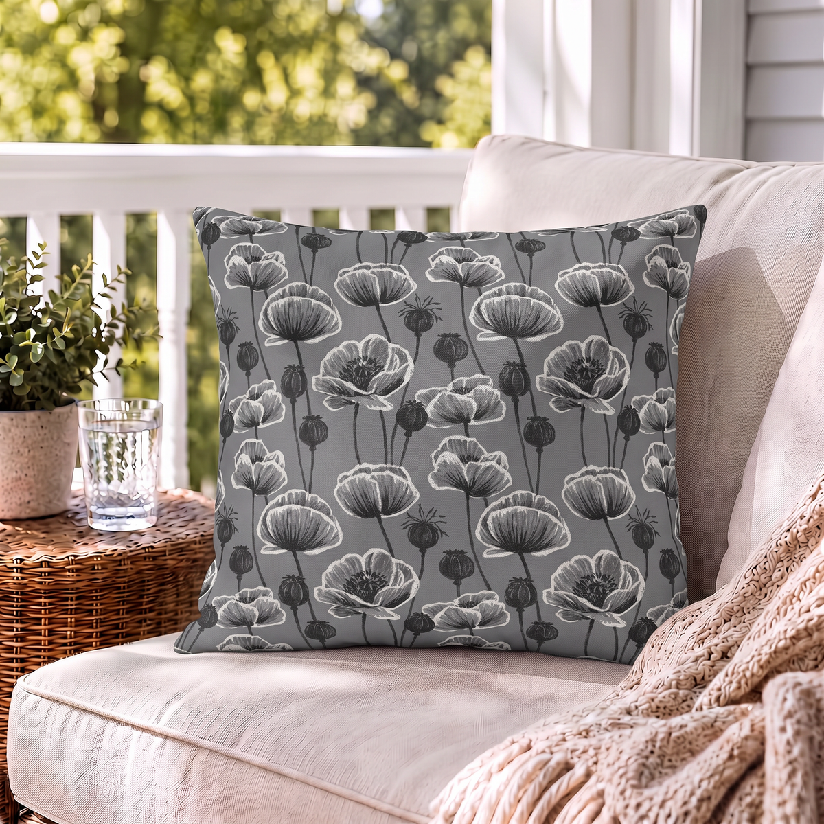 Poppy Field Grey Outdoor Pillow
