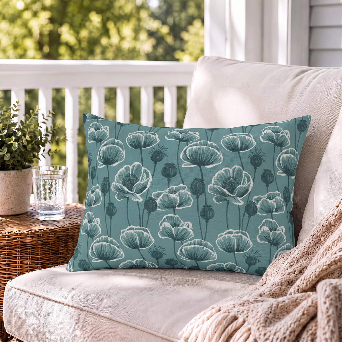 Poppy Field Teal Outdoor Lumbar Pillow