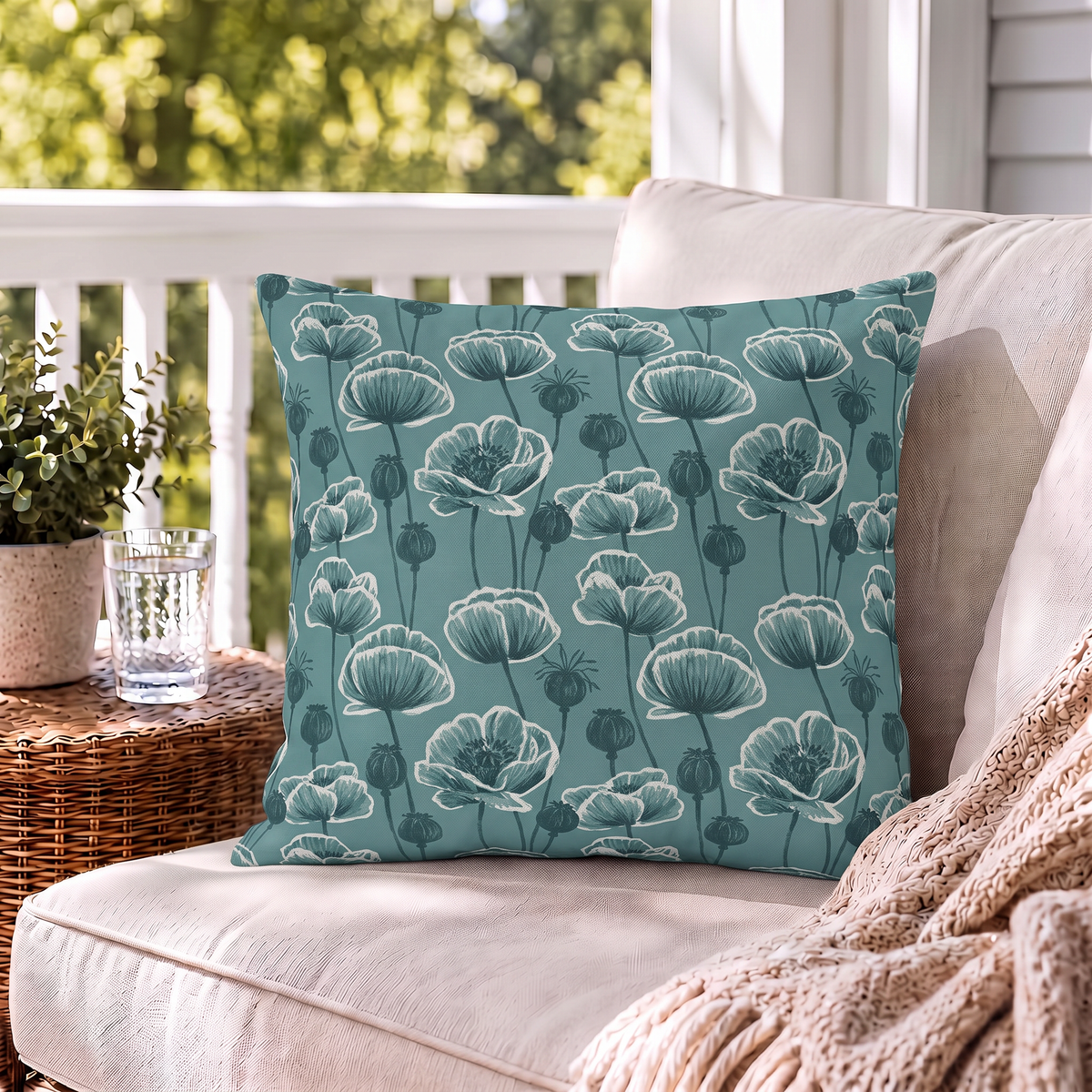 Poppy Field Teal Outdoor Pillow