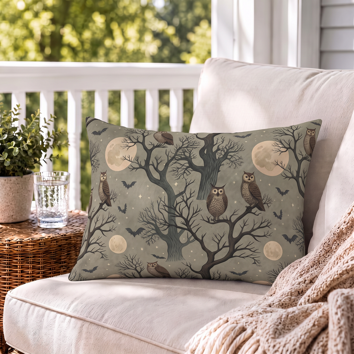 Moonlit Owl Sage Outdoor Lumbar Pillow