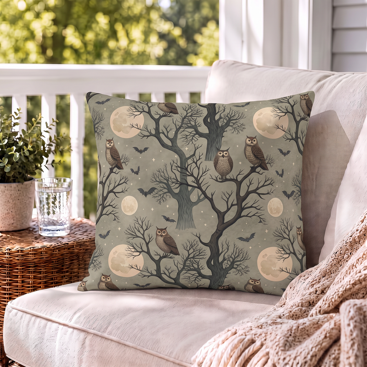 Moonlit Owl Sage Outdoor Pillow