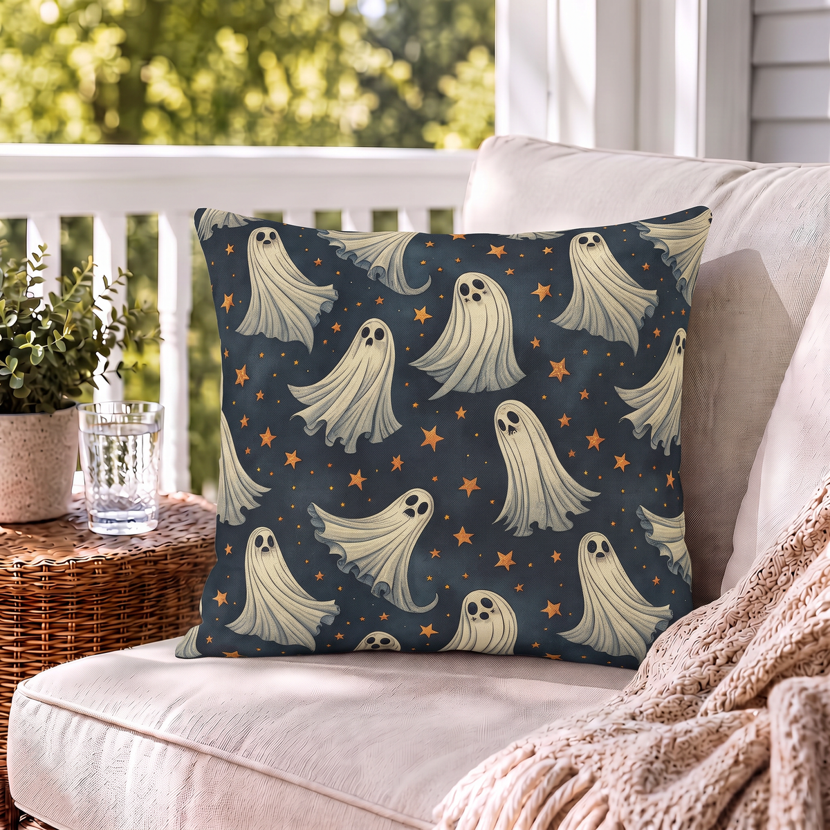 Starlit Ghost Navy Outdoor Pillow