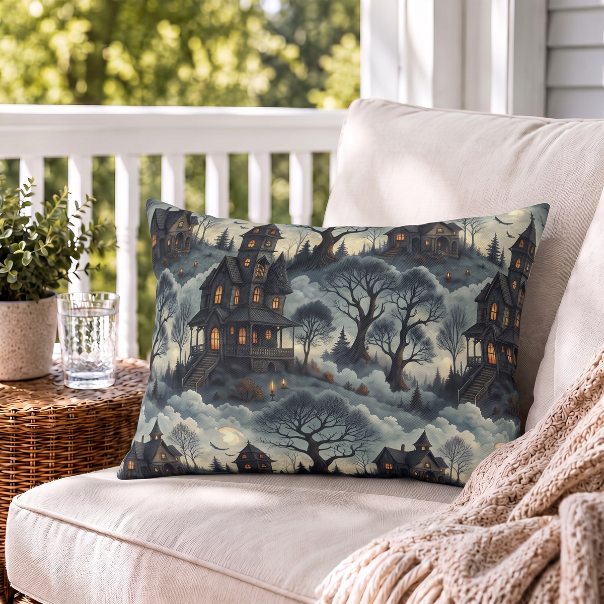 Haunted House Slate Outdoor Lumbar Pillow