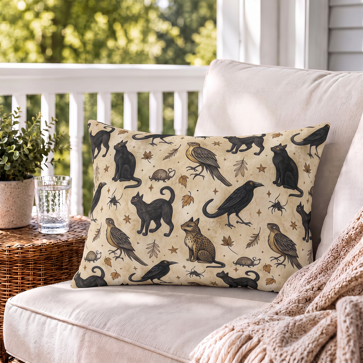 Black cat and raven outdoor lumbar pillow on parchment cream styled on a porch