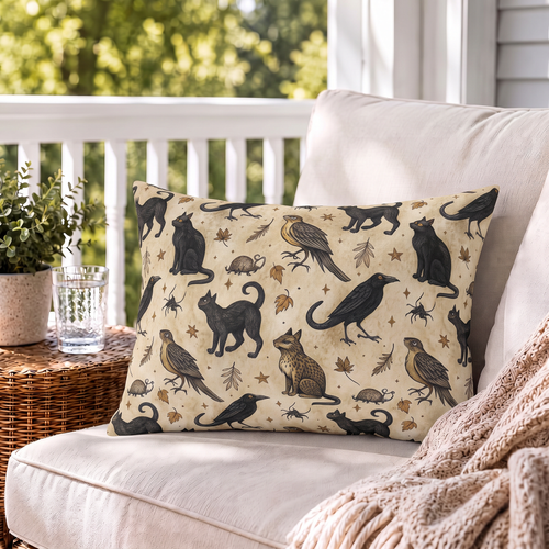 Black cat and raven outdoor lumbar pillow on parchment cream styled on a porch