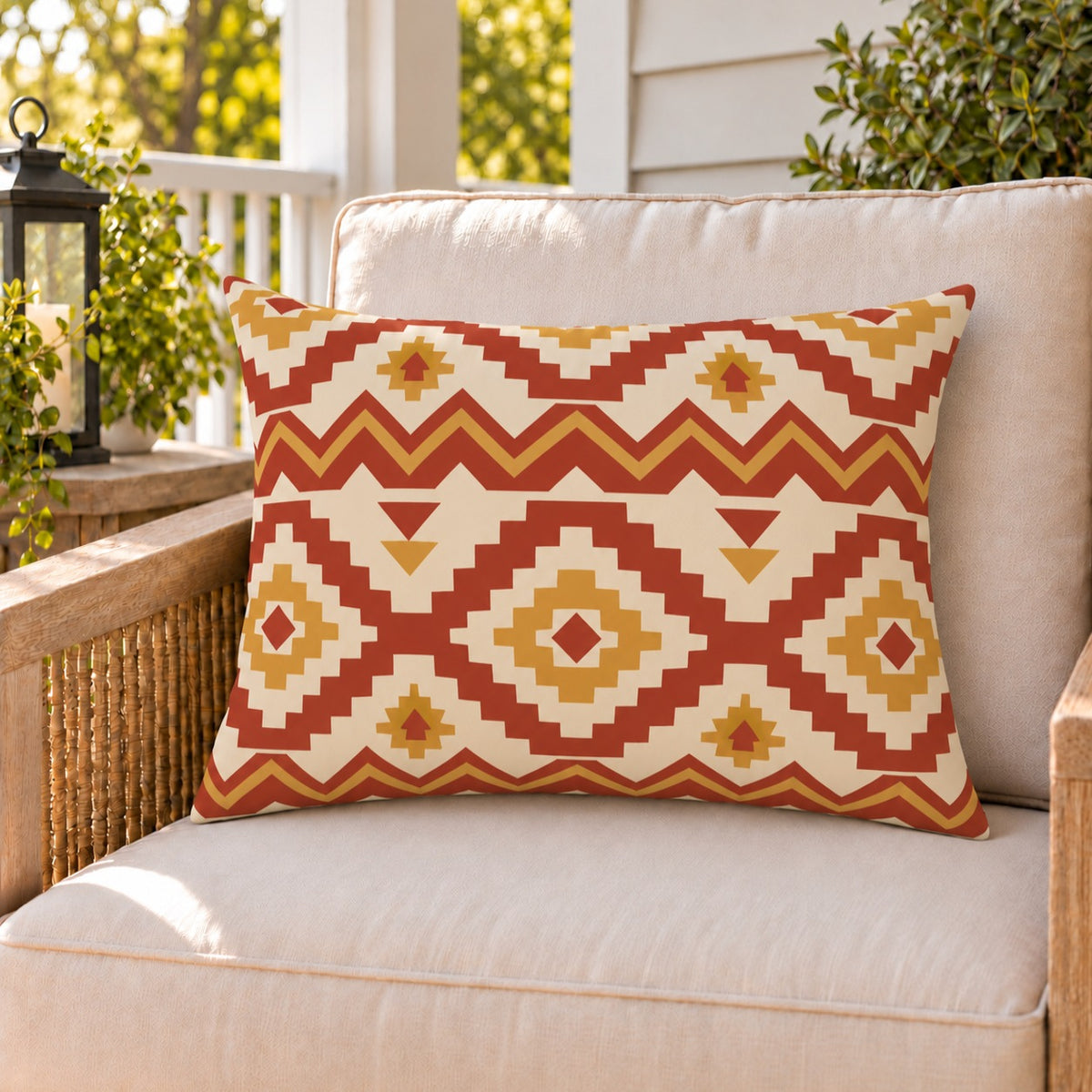 Moroccan Kilim Rust outdoor lumbar pillow on a rattan chair on a sunny summer porch