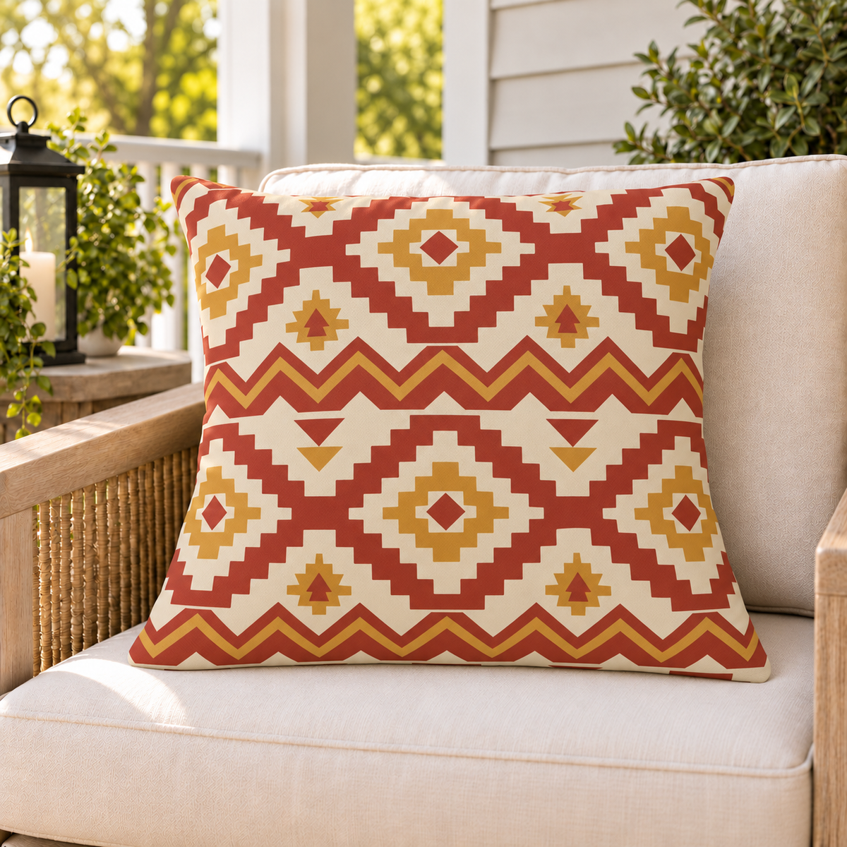 Moroccan Kilim Rust outdoor pillow on a rattan chair on a sunny summer porch