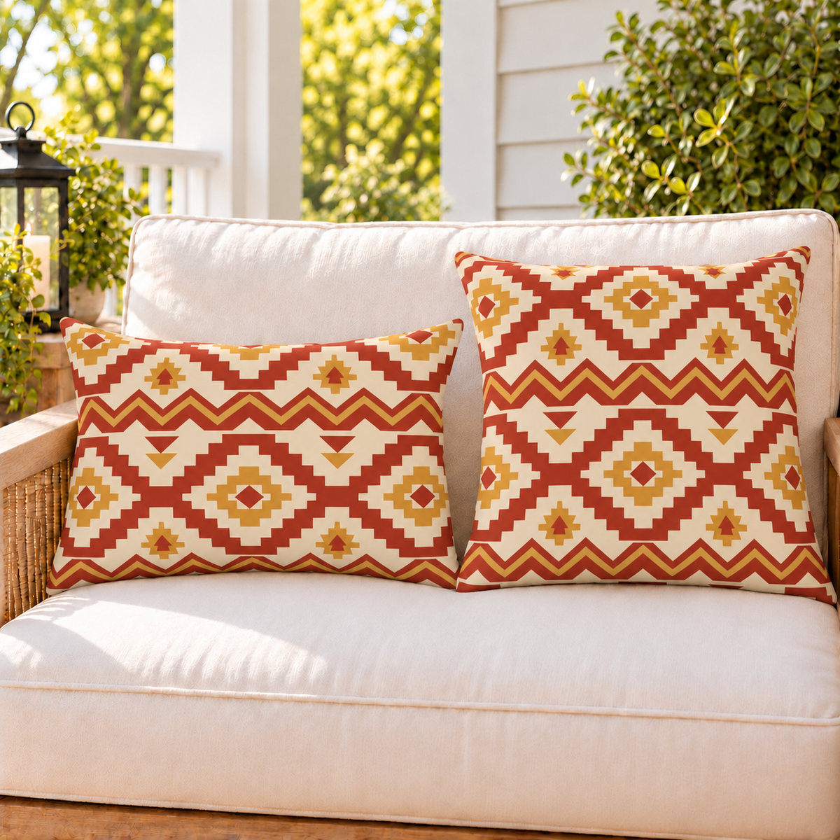 Moroccan Kilim Rust outdoor pillow and outdoor lumbar pillow styled together as a set on a porch loveseat