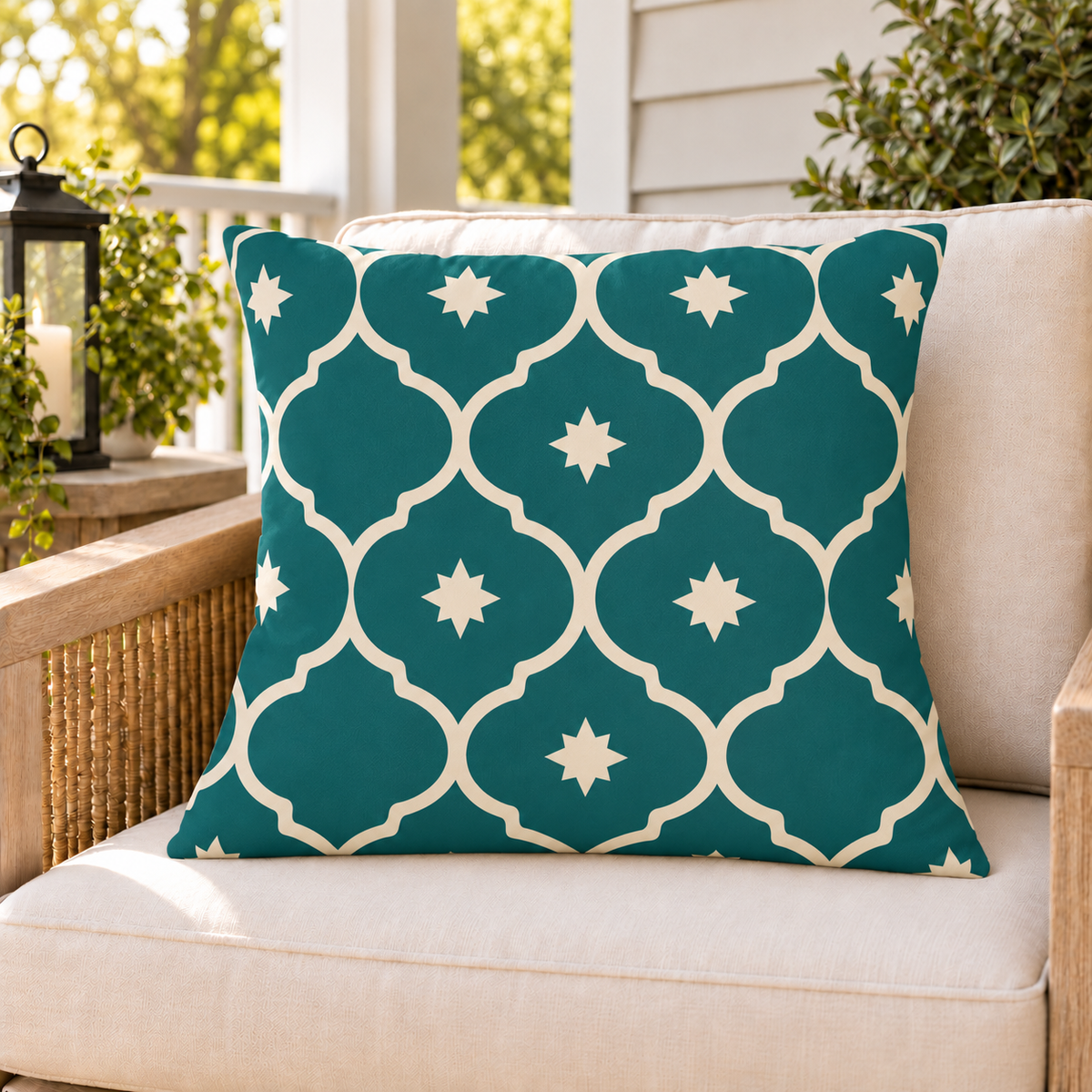 Teal Moroccan lantern outdoor pillow on a rattan chair on a sunny summer porch