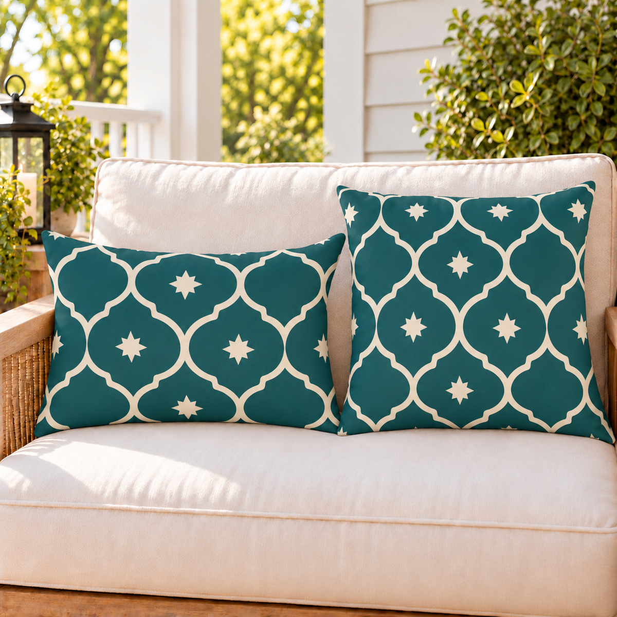 Teal Moroccan lantern outdoor pillow and outdoor lumbar pillow styled together as a set on a porch loveseat