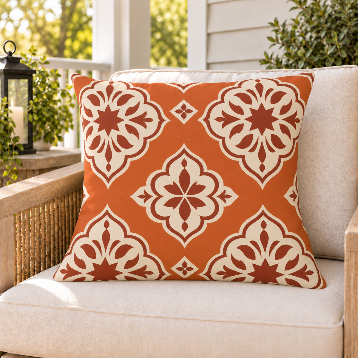 Moroccan Medallion Burnt Orange outdoor pillow on a rattan chair on a sunny summer porch