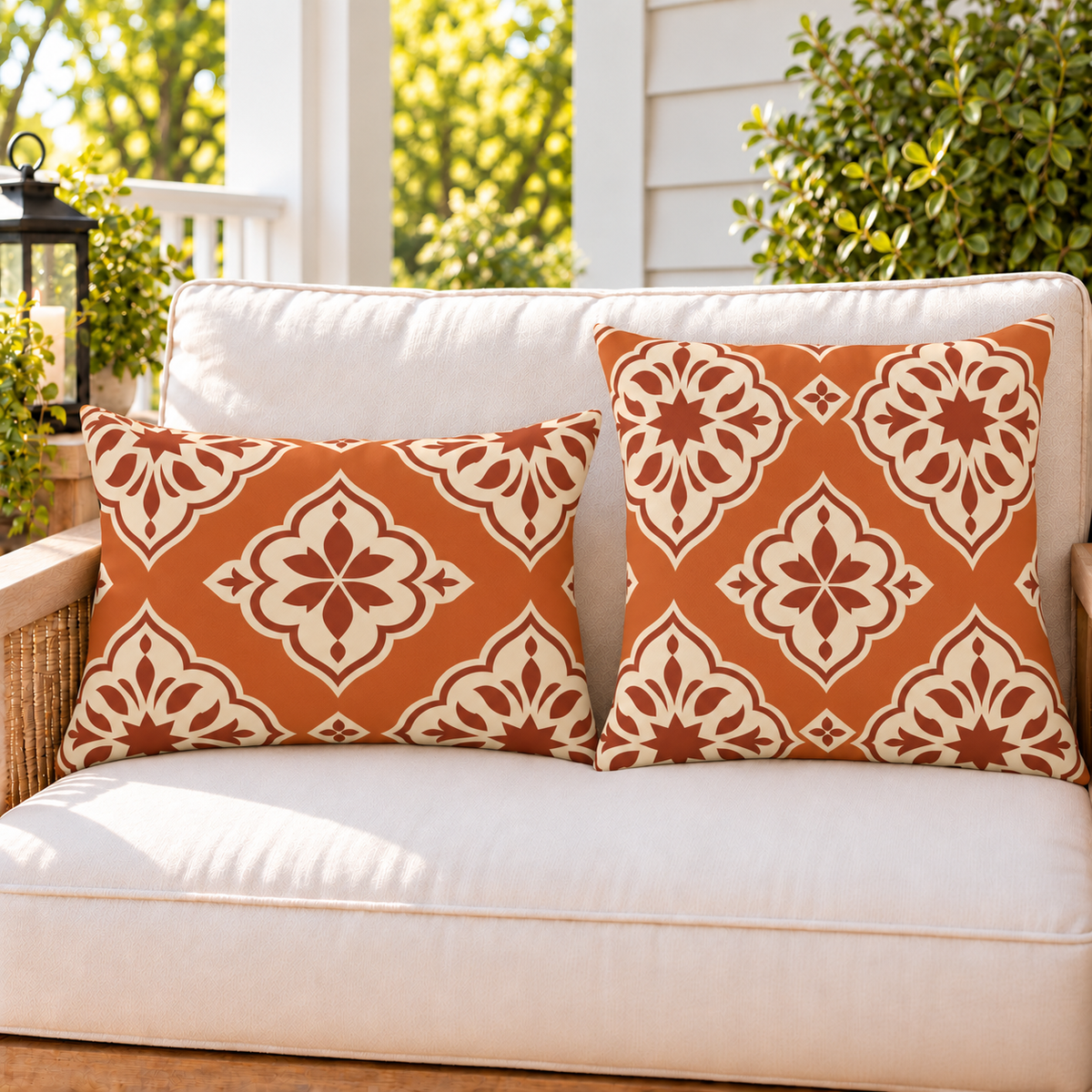 Moroccan Medallion Burnt Orange outdoor pillow and outdoor lumbar pillow styled together as a set on a porch loveseat